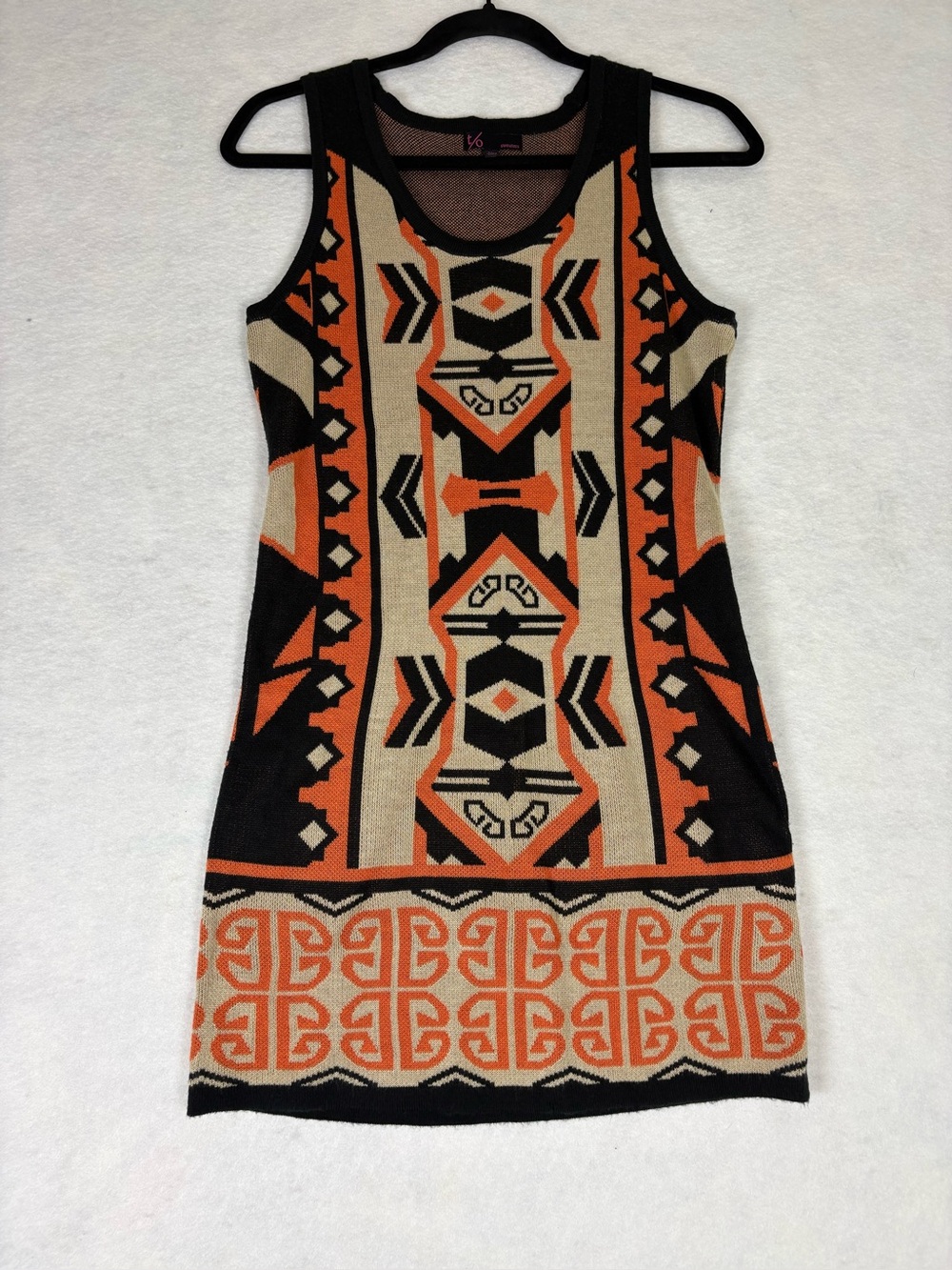t/o Tribal-Print Sleeveless Knit Dress in Orange, Black & Beige